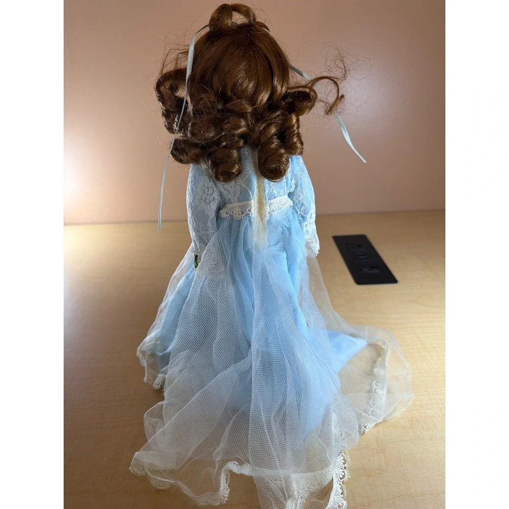 Vintage Porcelain Collector Doll Auburn Curls Blue Lace Dress‎ 12 Inch Victorian